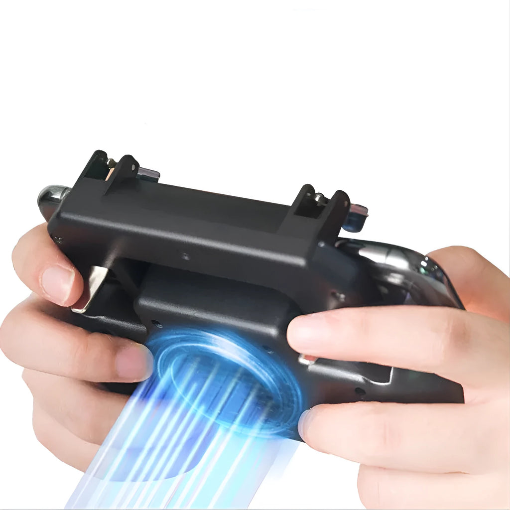Black mobile game controller with grip and buttons for smartphones on a plain background
