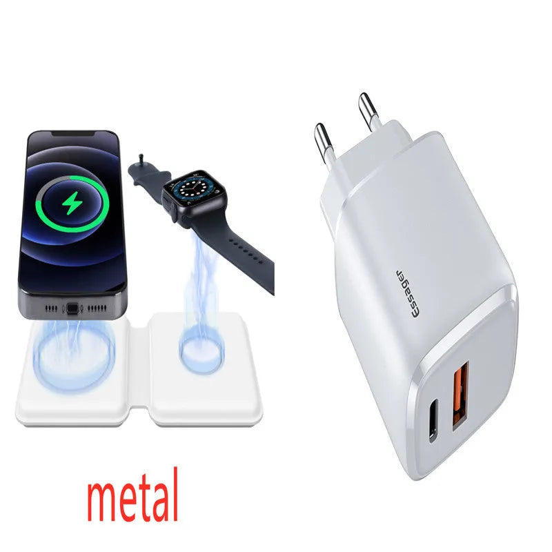 White folding dual magnetic wireless charger showing 180° adjustable angle and dual charging surfaces
