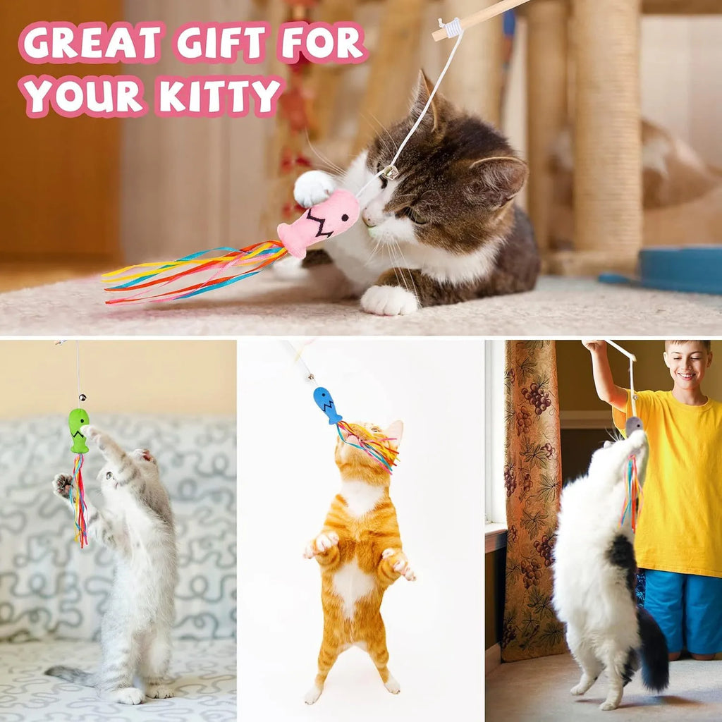 Cat wand toy with wooden handle, colourful ribbons, catnip fish and bell for interactive play