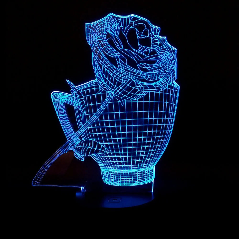 3D rose-shaped night light with colour-changing LED illumination on acrylic panel with ABS base