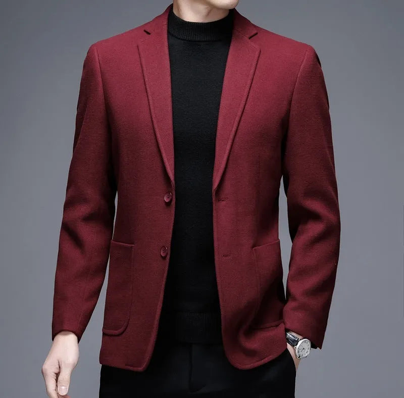 Men's solid color woolen winter jacket with loose fit design and round hem
