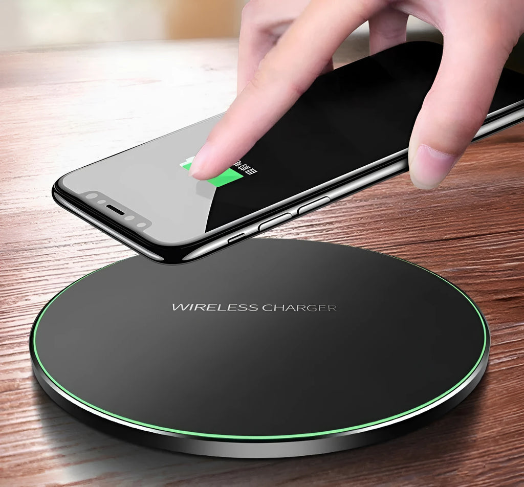 Ultra-thin black QI wireless fast charger with dimensions 98x98x6.5mm showing charging surface and USB port