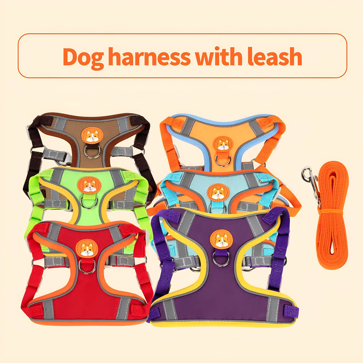 Adjustable dog harness with haulage rope attachment in multiple colours and sizes