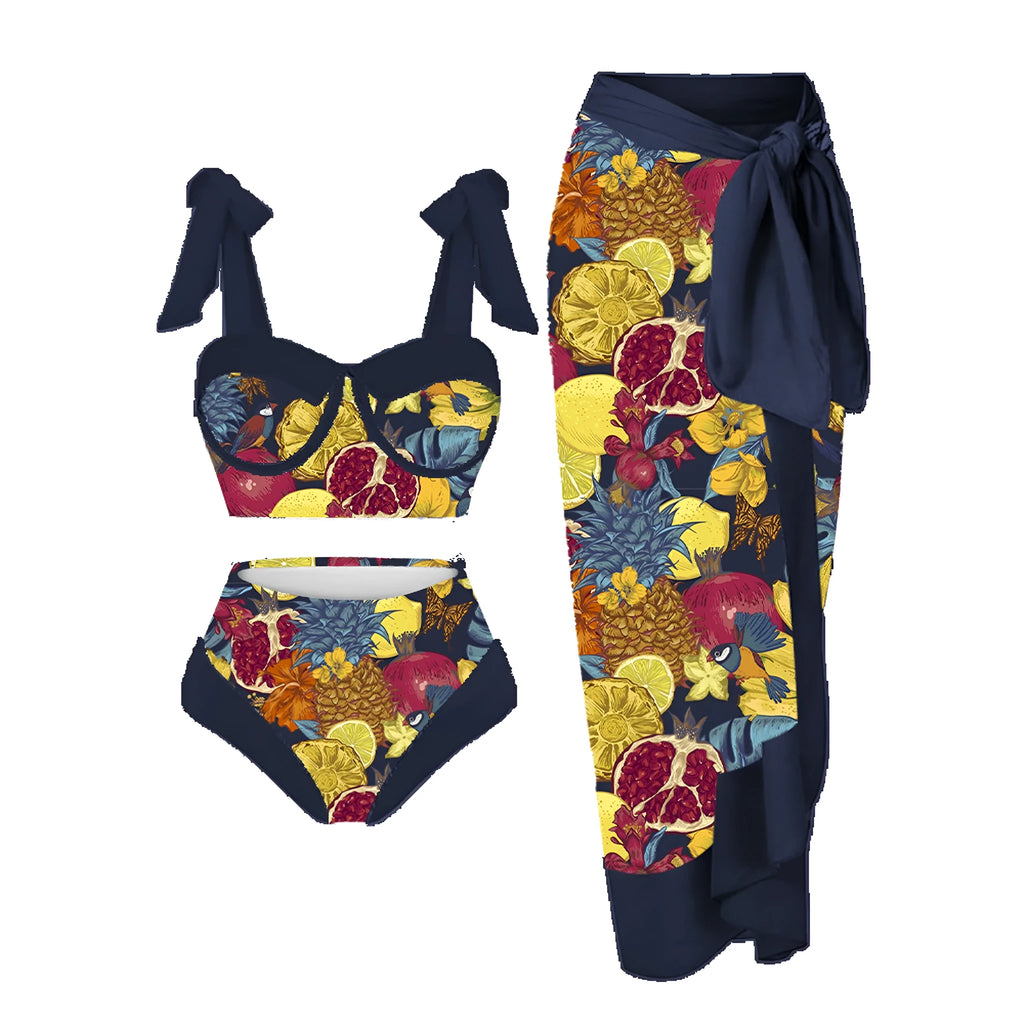 Women's printing pattern three-piece swimsuit set in polyester with skirt, bra and panties