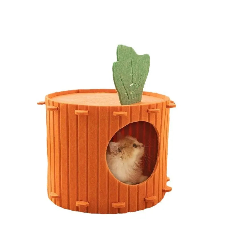 Carrot-shaped grey felt cat tunnel nest with circular entrance holes, shown in medium and large sizes.