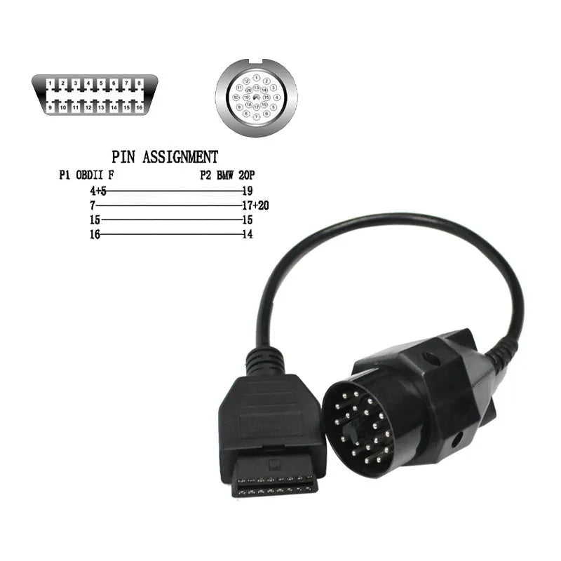 BMW OBD2 diagnostic adapter cable showing 20-pin plug and standard 16-pin female socket