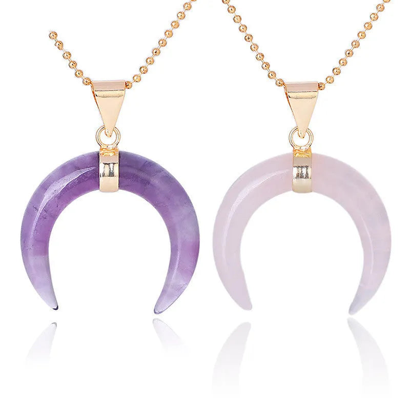 Natural stone moon pendant necklace with copper electroplated chain in pink or purple colour options