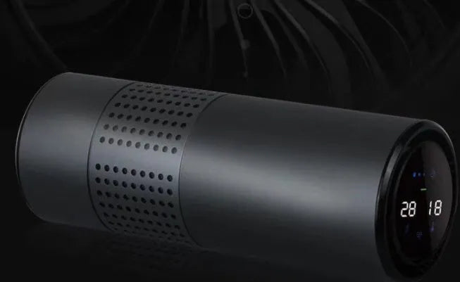Aluminium alloy car air purifier cup with display, USB cable, and large filter for vehicle air cleaning.