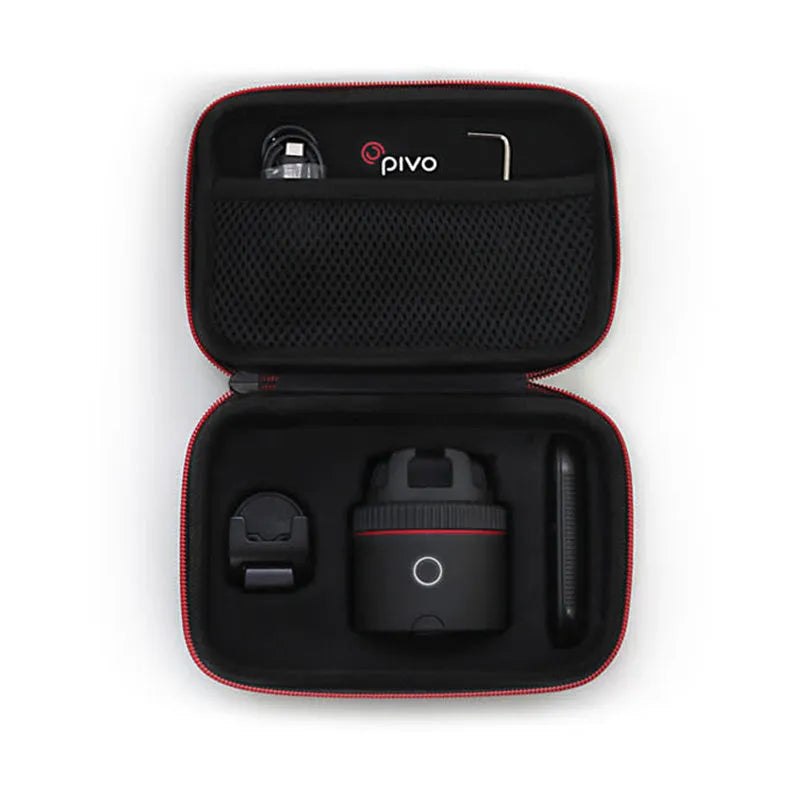 Matte black PIVO facial tracking camera on a 360-degree rotating base, attached to a smartphone.