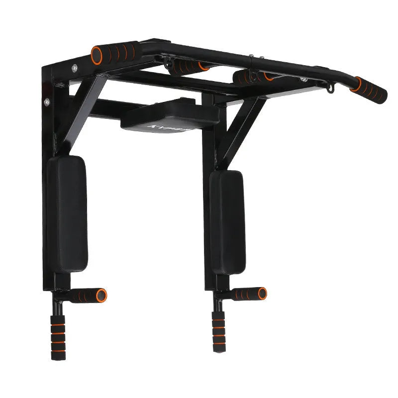 Black wall-mounted metal sandbag rack with integrated pull-up bars for fitness training