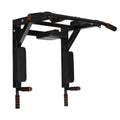 Black wall-mounted metal sandbag rack with integrated pull-up bars for fitness training