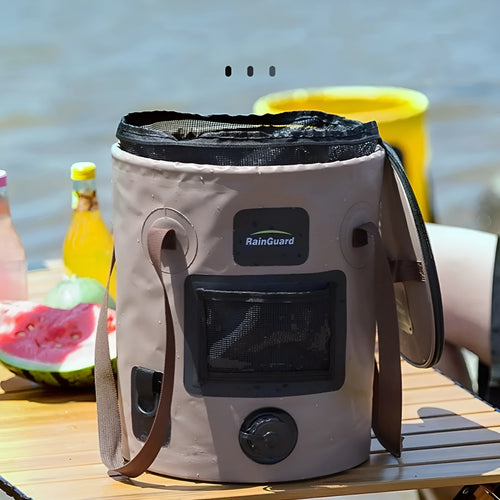 Lemon yellow 25-litre plastic folding fishing bucket showing its collapsible design and optional mesh pocket.