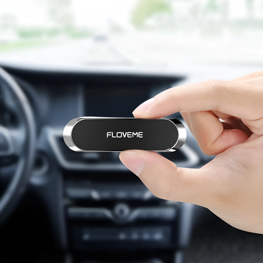 Black magnetic car phone holder with square silver iron plate and compact 70mm design