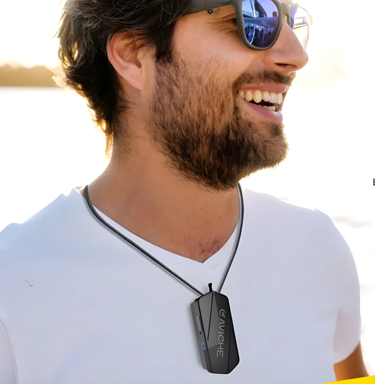 Black plastic wearable air purifier necklace showing front and side views.
