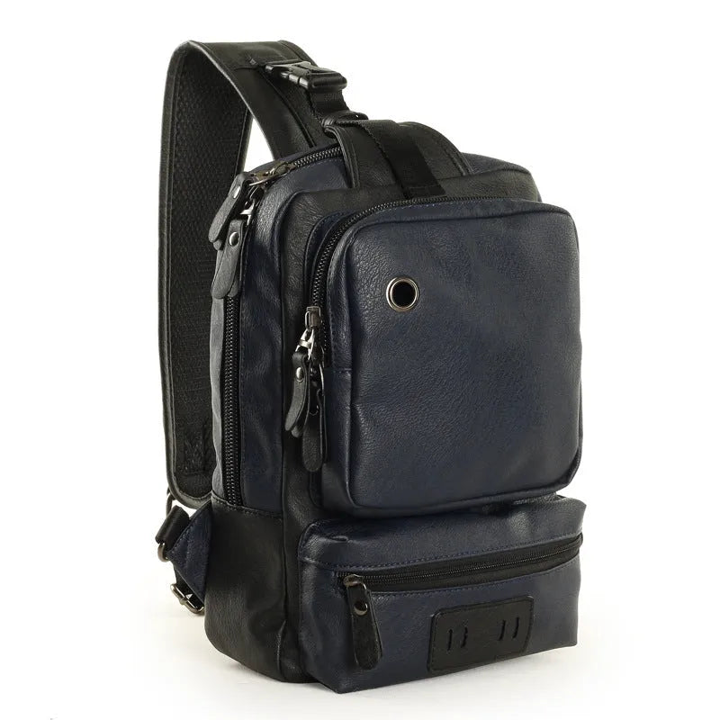 PU leather men's backpack chest bag satchel, 21x13x34cm, holds 9.7 inch iPad, dark blue black dark brown
