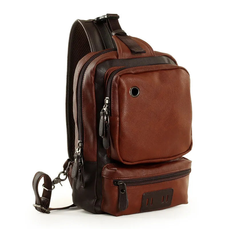 PU leather men's backpack chest bag satchel, 21x13x34cm, holds 9.7 inch iPad, dark blue black dark brown