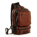 PU leather men's backpack chest bag satchel, 21x13x34cm, holds 9.7 inch iPad, dark blue black dark brown