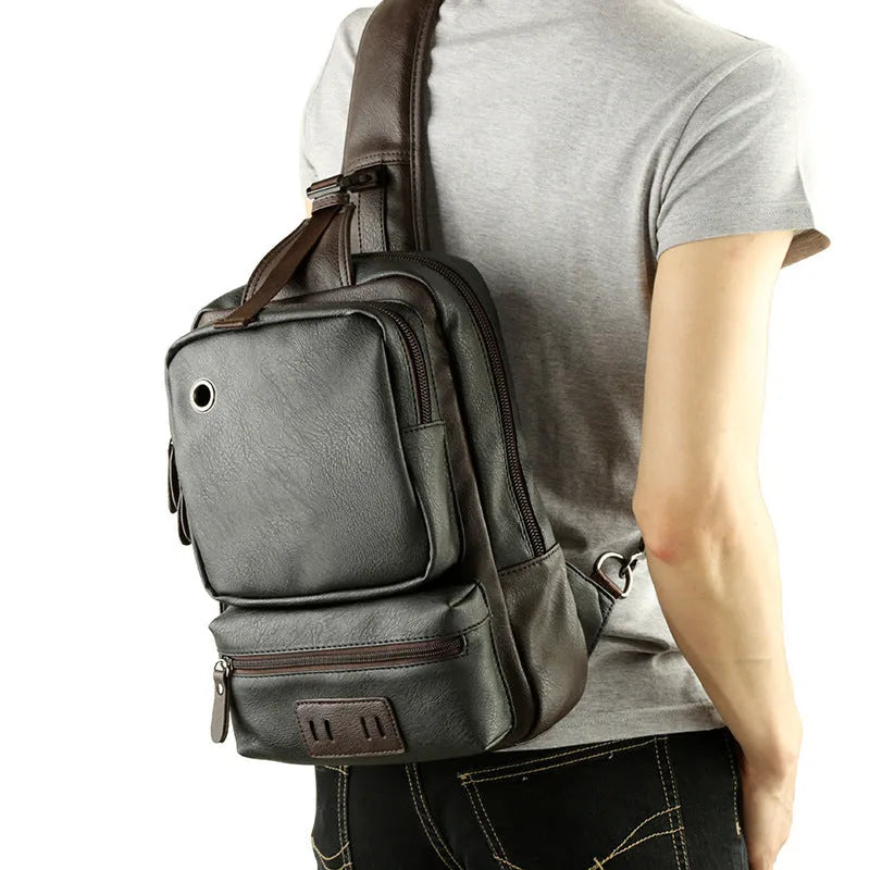 PU leather men's backpack chest bag satchel, 21x13x34cm, holds 9.7 inch iPad, dark blue black dark brown