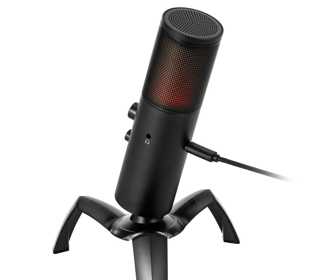 Black Q18 USB condenser microphone with RGB lighting on adjustable metal tripod