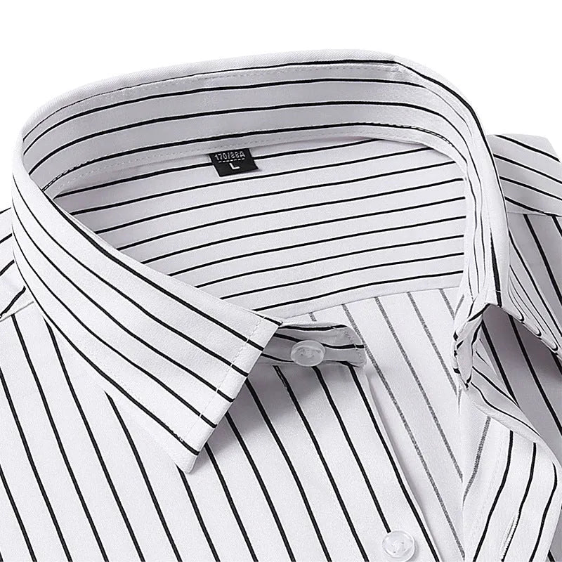Men's slim fit striped long sleeve business shirt in a polyester blend fabric on a hanger.