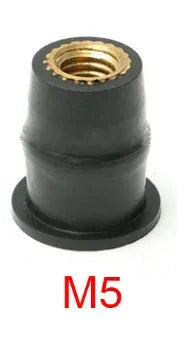 Black rubber well nut fasteners with brass inserts for motorcycle windshields, M4 M5 M6 sizes.