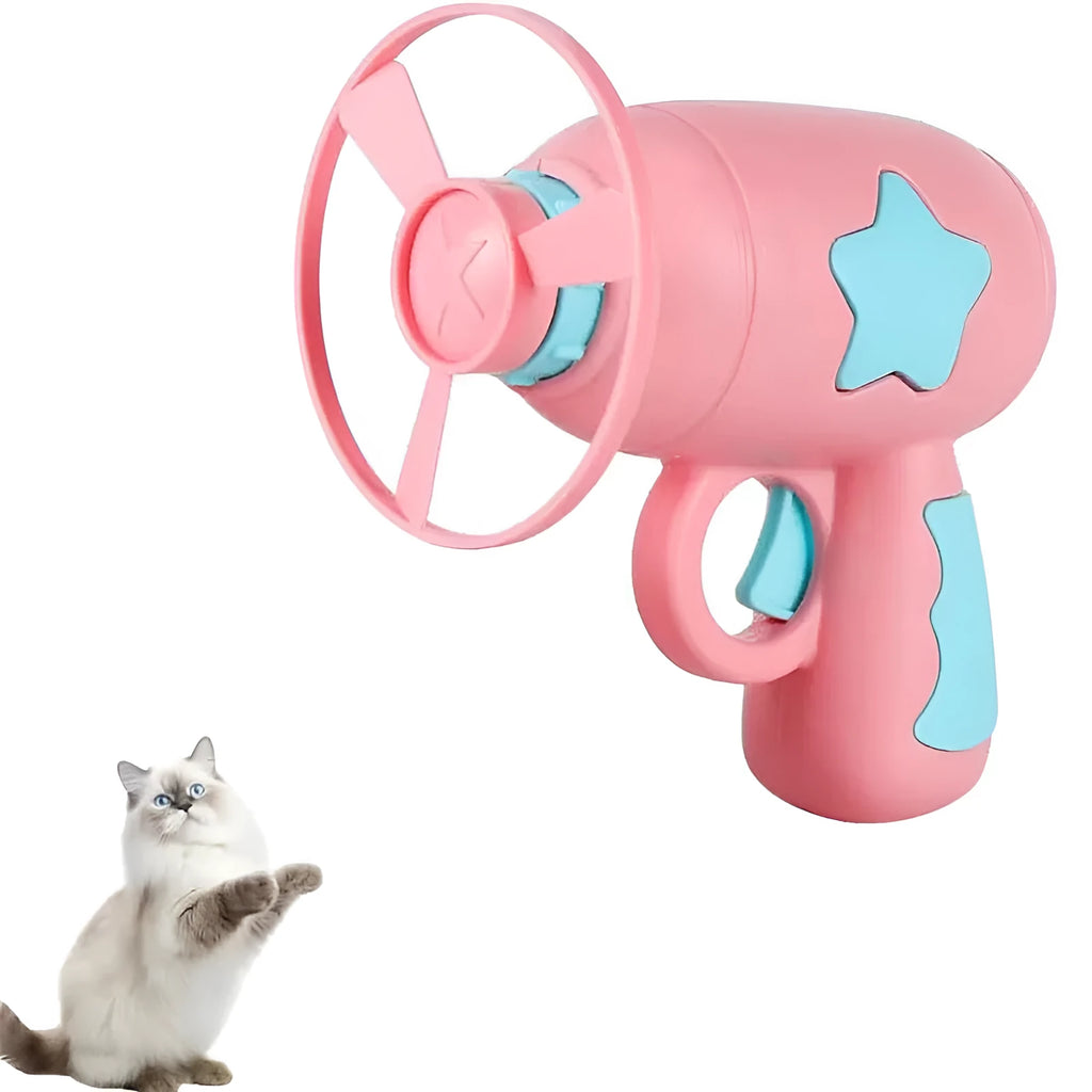 Blue interactive cat toy gun launcher with a mounted pink plastic frisbee, shown with a second frisbee disc.
