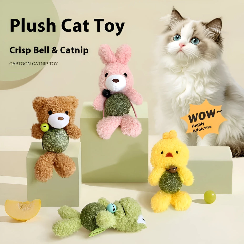 Plush catnip ball toy in animal shape with a mint ball, shown with dimensions 15cm height and 7cm width.