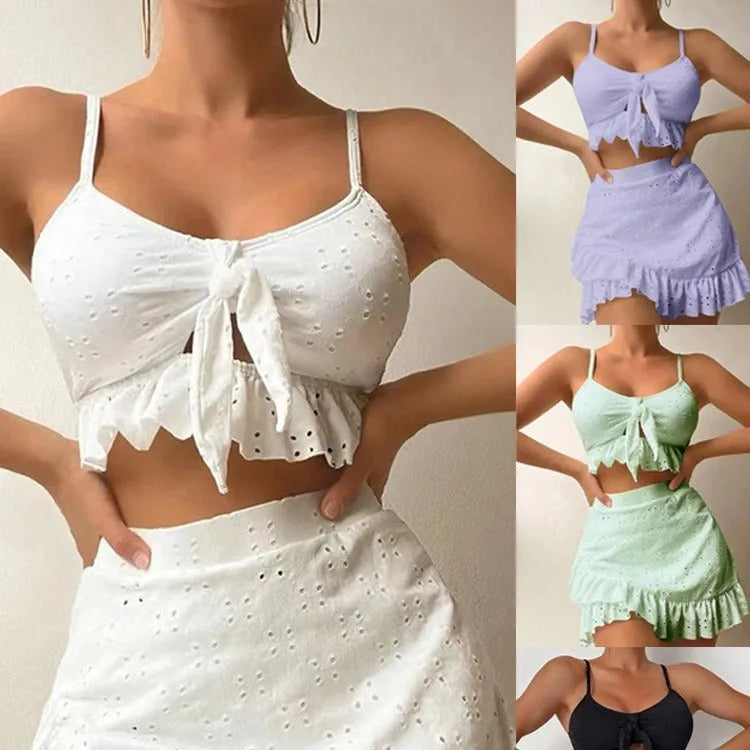 Women's three-piece bikini swimsuit with split hip skirt in polyester fabric