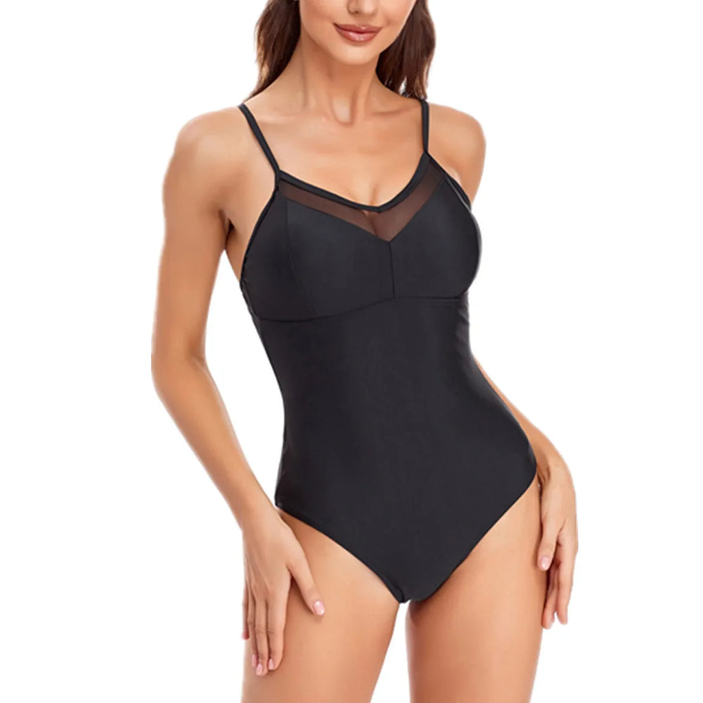 Ladies black or blue solid color one-piece swimsuit with mesh fabric and backless design