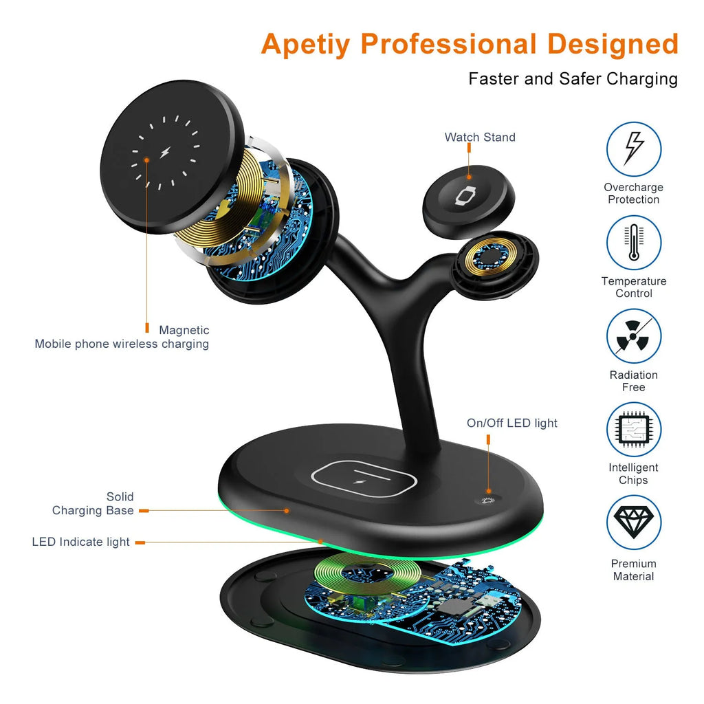 Black three-in-one magnetic wireless charger with ABS plastic construction
