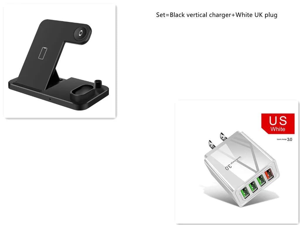 4-in-1 wireless charging station with adjustable magnetic support plate charging multiple devices