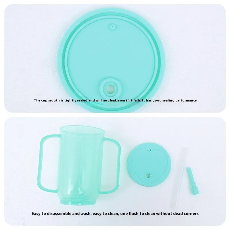 Oblique mouth anti-choke bedside drinking cup with handle and lid in PP plastic material