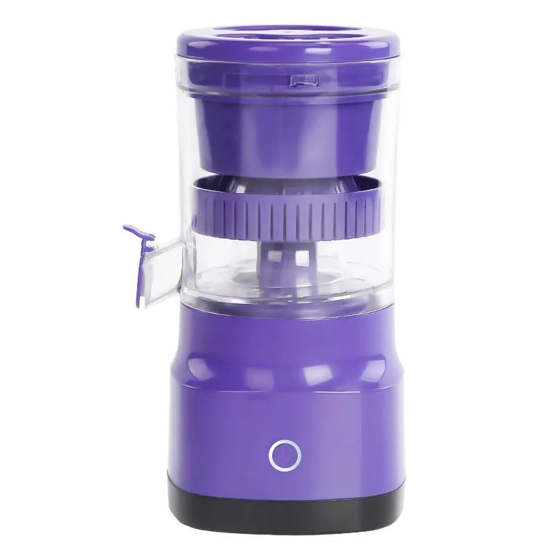 Purple USB rechargeable electric citrus juicer with cone and pulp filter, 2400mAh dual battery, 400ml capacity