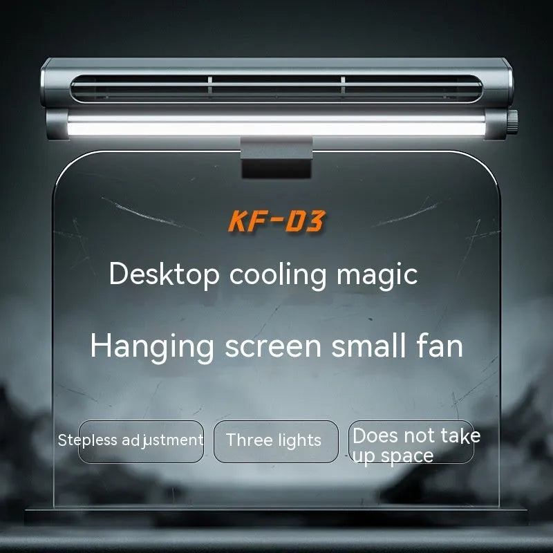Black USB bladeless clip-on desk fan with LED lighting attached to computer screen