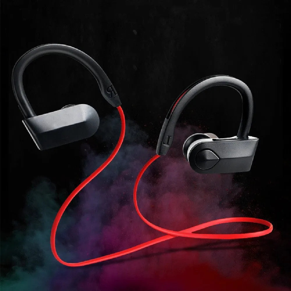 Wireless neckband Bluetooth earphones in black, blue, or red colours with USB charging cable.