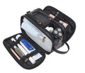 Men's black and brown PU leather toiletry bag for travel storage of cosmetics.
