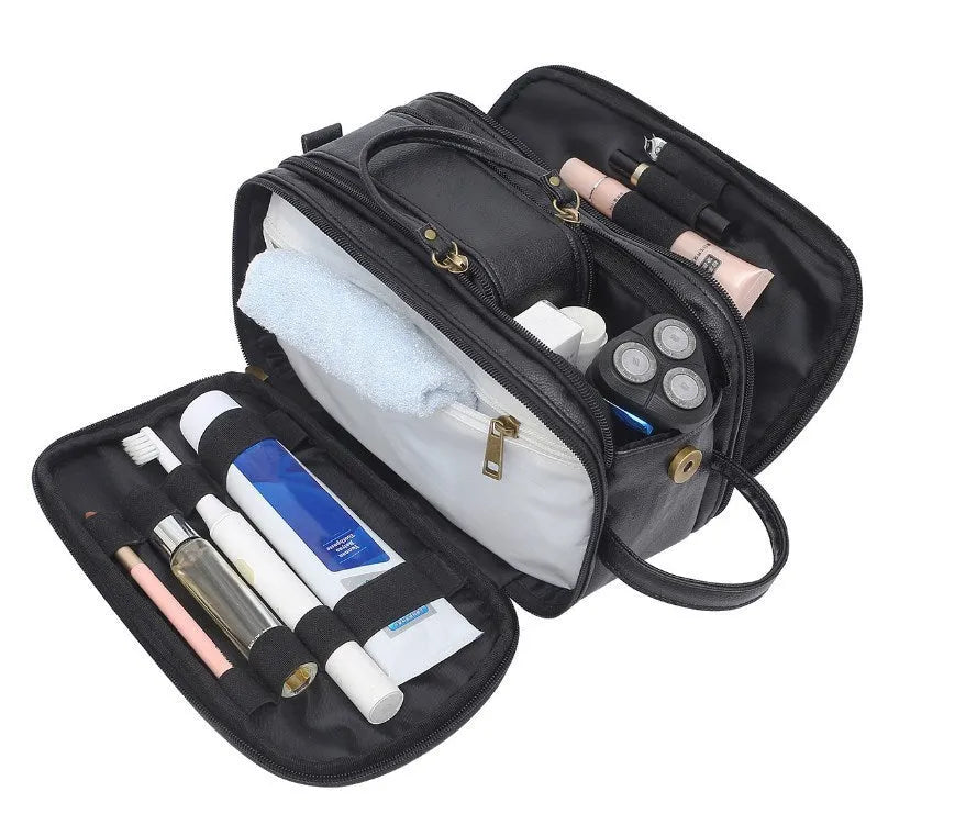 Men's black and brown PU leather toiletry bag for travel storage of cosmetics.