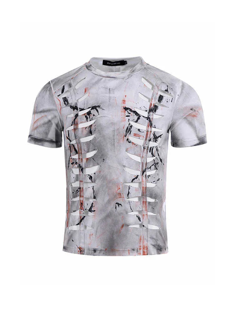 Men's white cotton T-shirt with cut hollow-out pattern on short sleeves