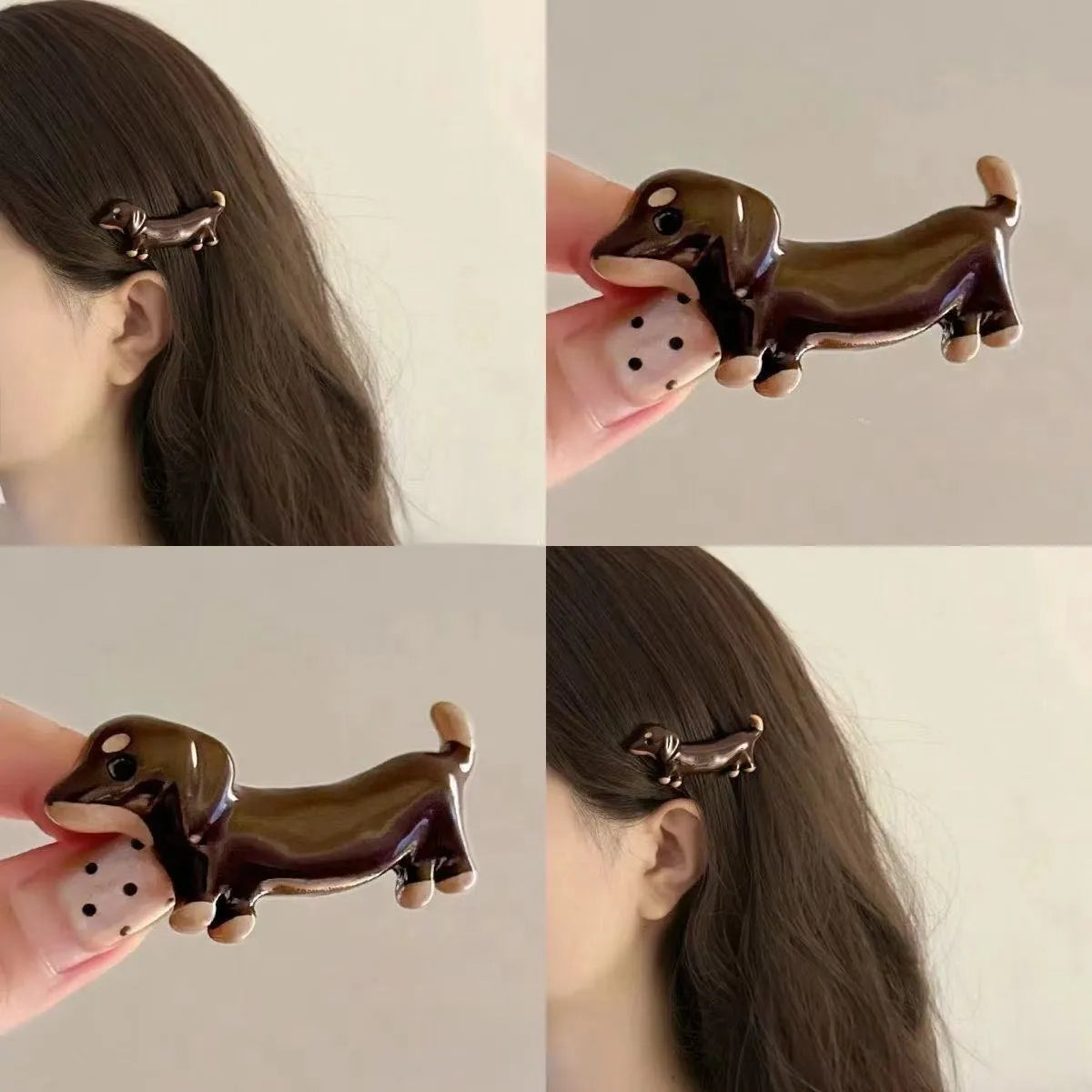 Dachshund dog design hair barrettes with electroplated finish and delicate construction