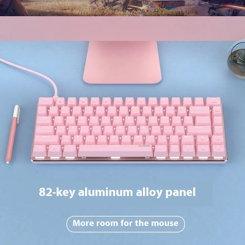 Pink and white 82-key mechanical keyboard with metal frame and white backlighting