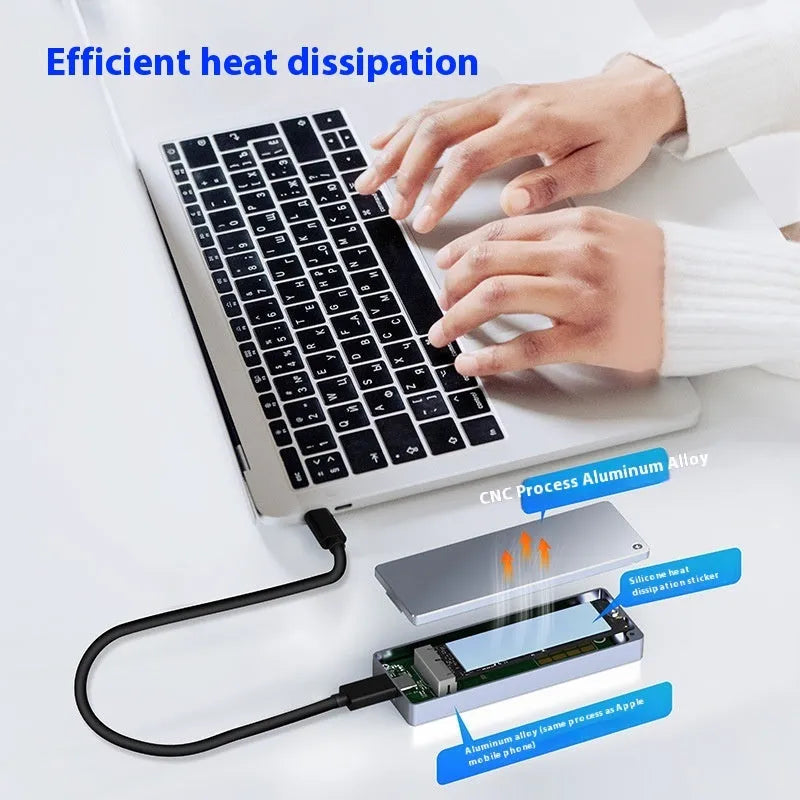 Type-C M.2 SSD hard disk cartridge with aluminium housing, screwdriver, screws, silicone radiator and adapter cable