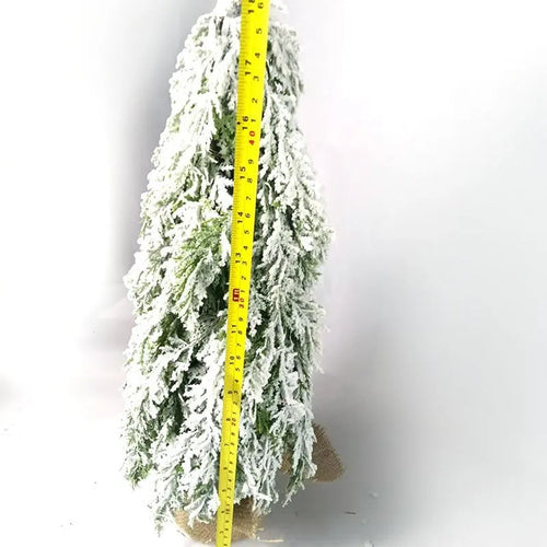 24-inch artificial Christmas tree with snow spray finish and integrated lights on desktop