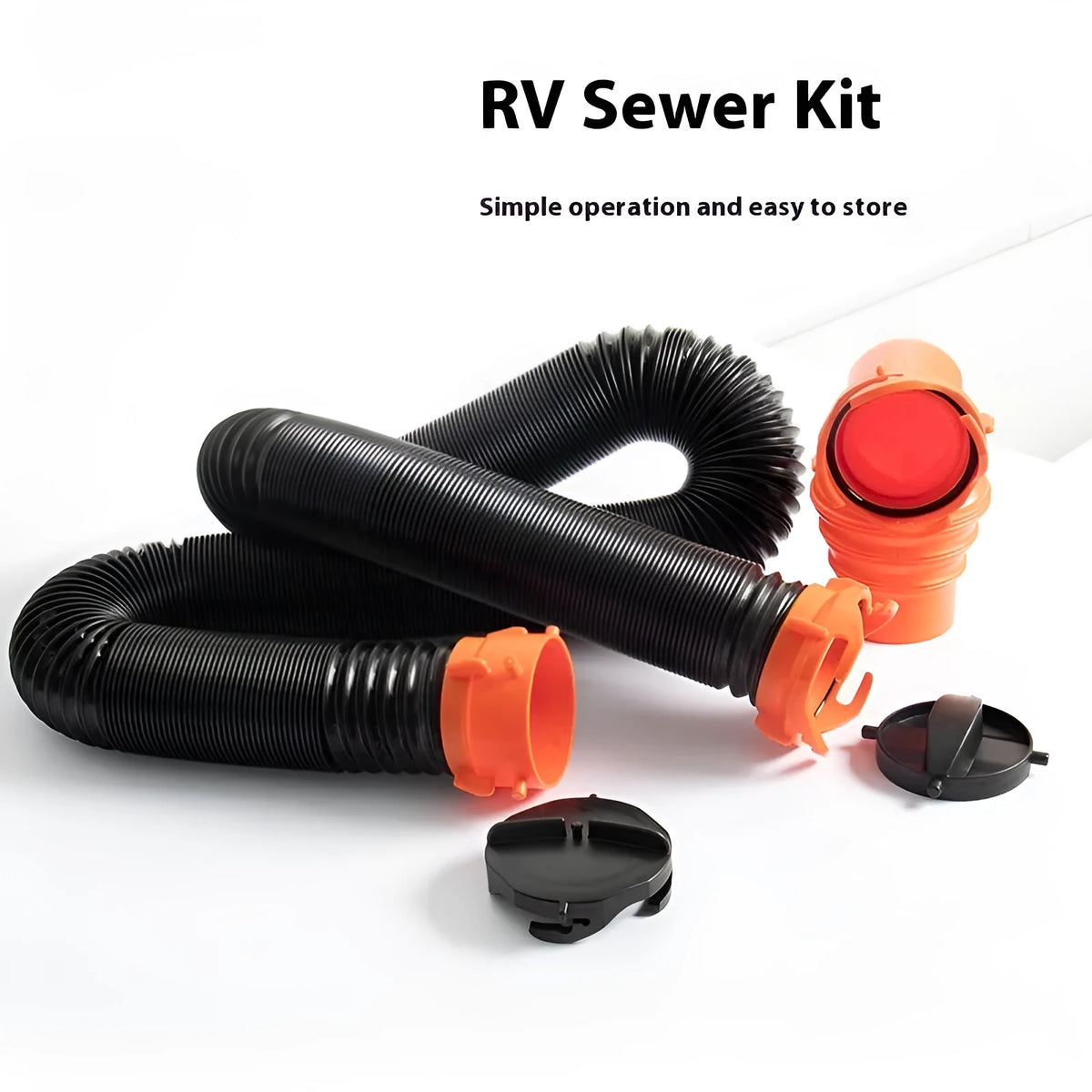 90-degree rotary elbow joint for sewage hose, shown in PP and TPE material options for motorhome waste.