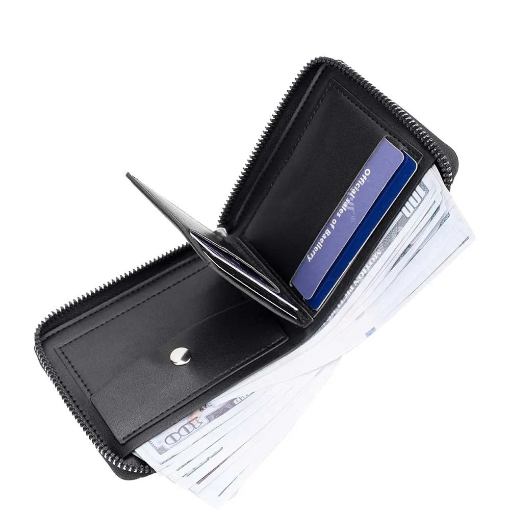 PU leather anti-theft credit card wallet with zipper closure in black or brown with embossed pattern