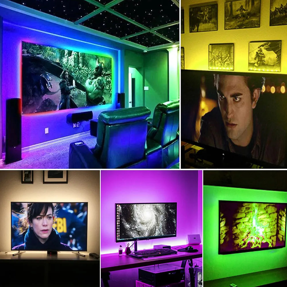 Flexible LED decorative light strip bent into a curve, showing closely spaced lights and adhesive backing.