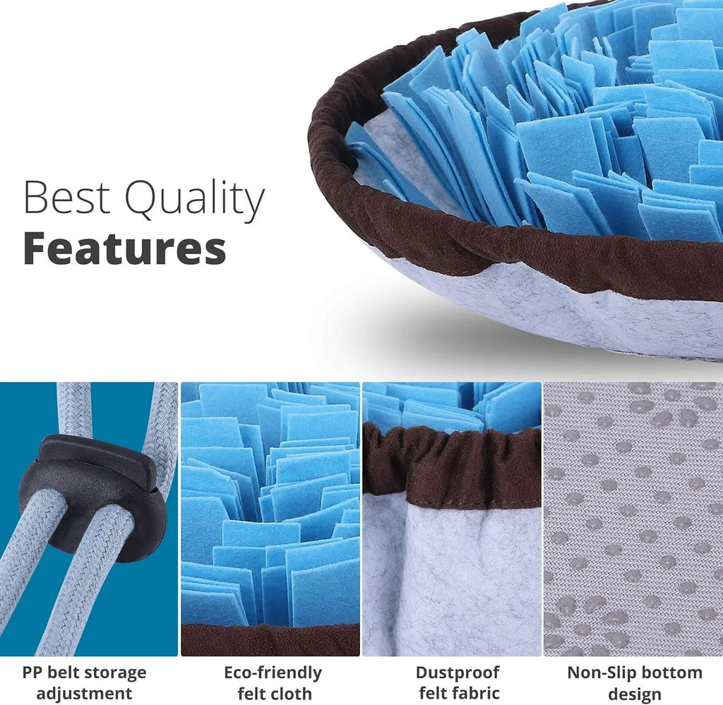 Blue adjustable fabric snuffle mat for dogs, showing food hidden in folds for foraging.