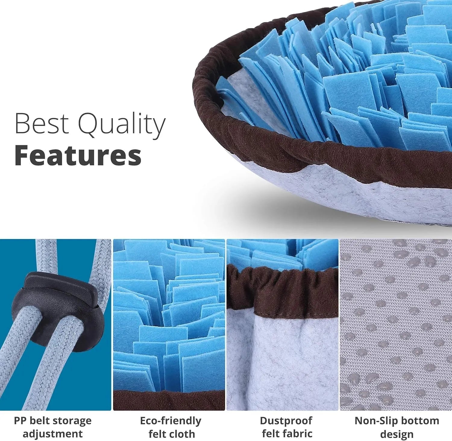 Blue adjustable fabric snuffle mat for dogs, showing food hidden in folds for foraging.