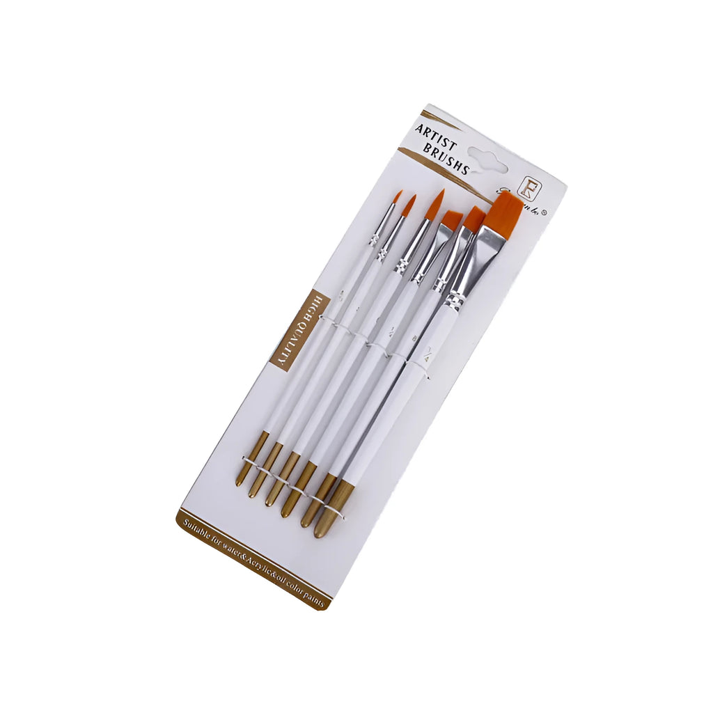 Set of six wood-handled acrylic watercolour brushes with aluminium ferrules in sizes 5/0, #2, #1/4, #6, #8, #3/4.