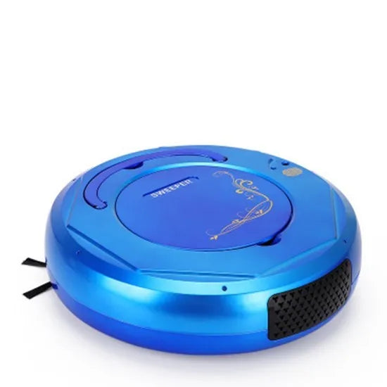 Blue robot vacuum cleaner for automated floor sweeping on tile and wooden flooring