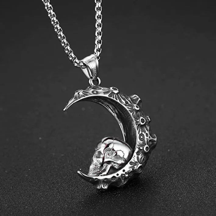 Men's silver stainless steel necklace with skull pendant designs on sports style chain